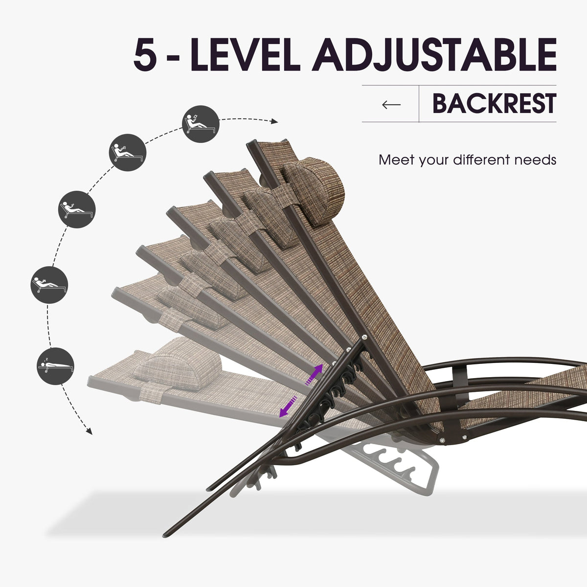 PURPLE LEAF – Chaise longue extérieure en aluminium bronze avec table d’appoint, réglable et inclinable pour terrasse, piscine, balcon et plage