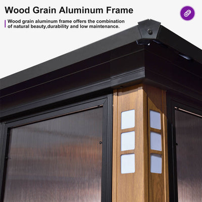 PURPLE LEAF – Pavillon-solarium à toit rigide avec colonnes effet bois, structure noire, double toit en acier galvanisé et guirlande lumineuse