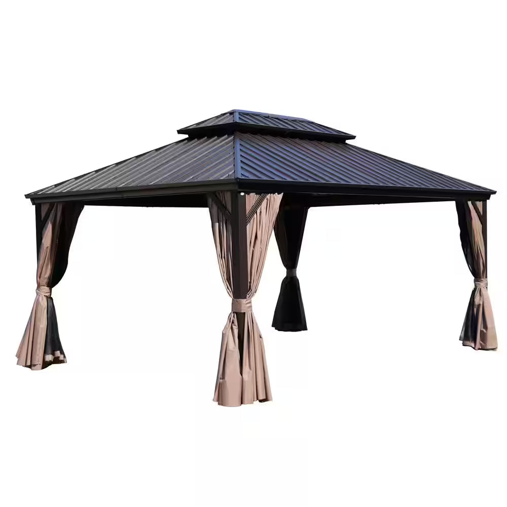 Pavillon permanent en aluminium à toit rigide double 12 Ft. X 16 Ft., marron foncé, avec moustiquaires et parois latérales