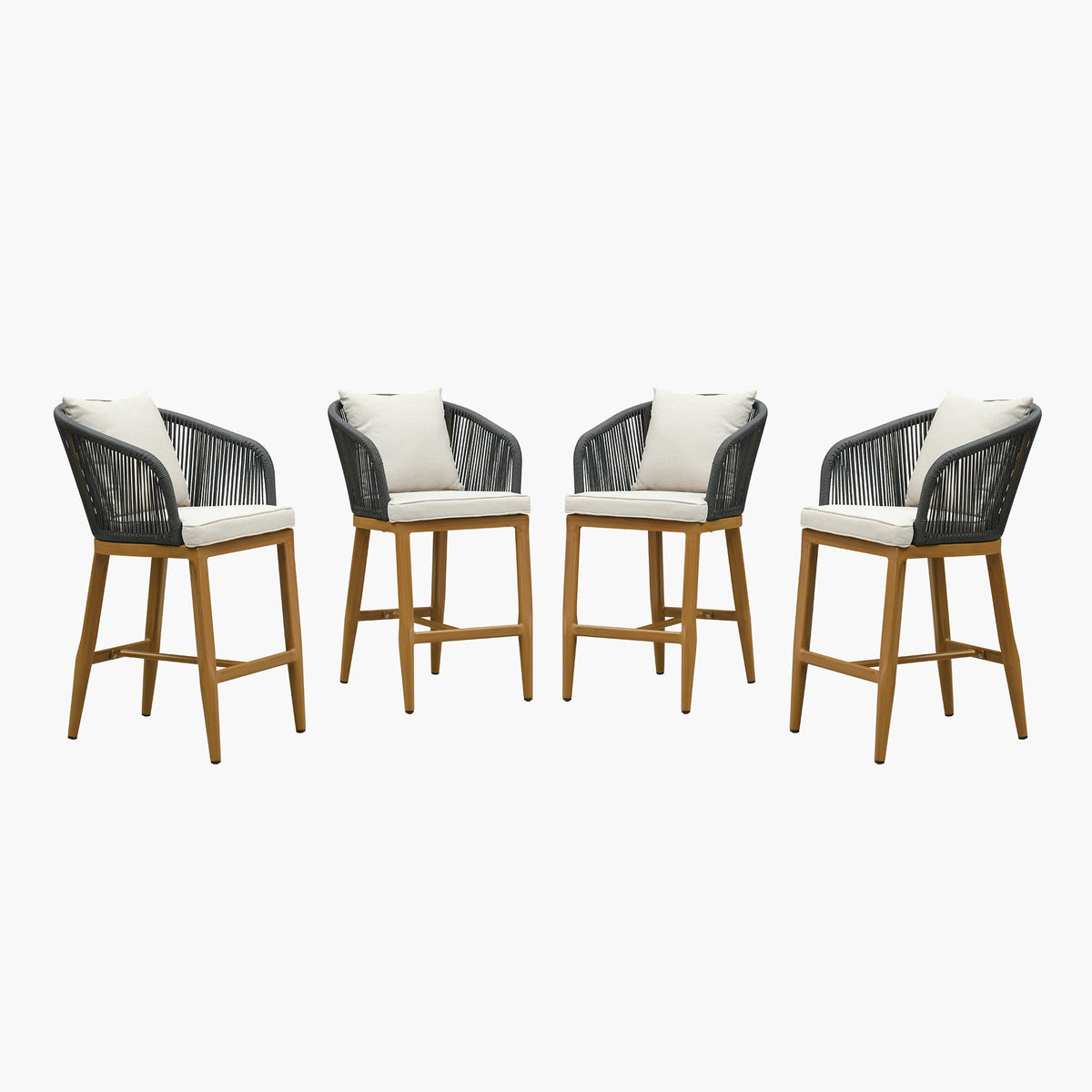 PURPLE LEAF – Tabourets de bar modernes extérieurs en aluminium et rotin avec dossier haut, accoudoirs, coussins et oreillers amovibles