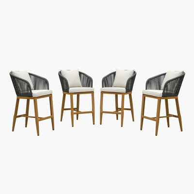 PURPLE LEAF – Tabourets de bar modernes extérieurs en aluminium et rotin avec dossier haut, accoudoirs, coussins et oreillers amovibles