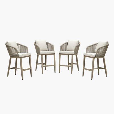 PURPLE LEAF – Tabourets de bar modernes extérieurs en aluminium et rotin avec dossier haut, accoudoirs, coussins et oreillers amovibles
