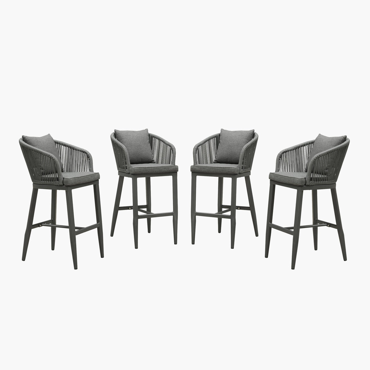PURPLE LEAF – Tabourets de bar modernes extérieurs en aluminium et rotin avec dossier haut, accoudoirs, coussins et oreillers amovibles