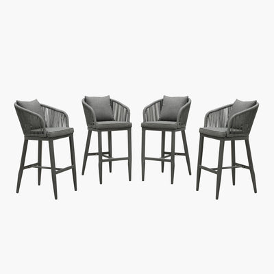 PURPLE LEAF – Tabourets de bar modernes extérieurs en aluminium et rotin avec dossier haut, accoudoirs, coussins et oreillers amovibles
