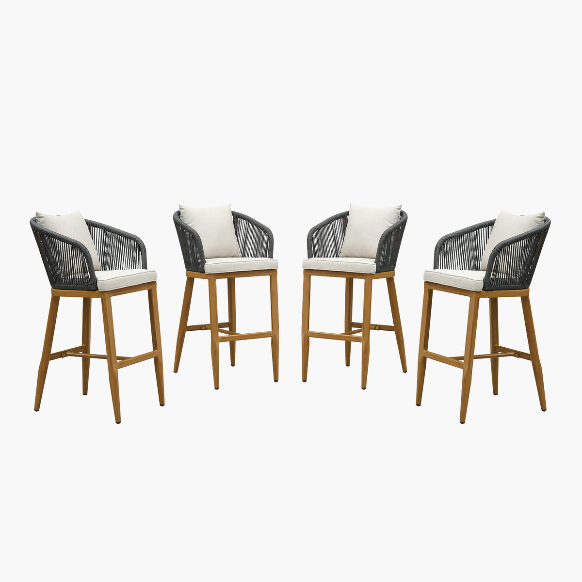 PURPLE LEAF – Tabourets de bar modernes extérieurs en aluminium et rotin avec dossier haut, accoudoirs, coussins et oreillers amovibles