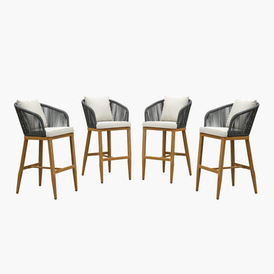PURPLE LEAF – Tabourets de bar modernes extérieurs en aluminium et rotin avec dossier haut, accoudoirs, coussins et oreillers amovibles