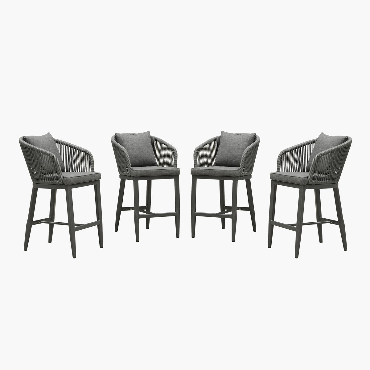 PURPLE LEAF – Tabourets de bar modernes extérieurs en aluminium et rotin avec dossier haut, accoudoirs, coussins et oreillers amovibles