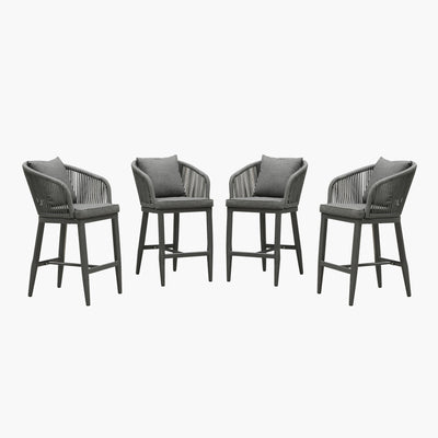 PURPLE LEAF – Tabourets de bar modernes extérieurs en aluminium et rotin avec dossier haut, accoudoirs, coussins et oreillers amovibles