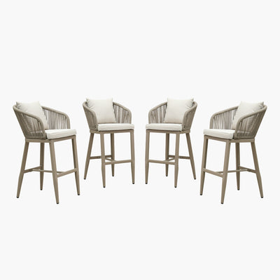 PURPLE LEAF – Tabourets de bar modernes extérieurs en aluminium et rotin avec dossier haut, accoudoirs, coussins et oreillers amovibles