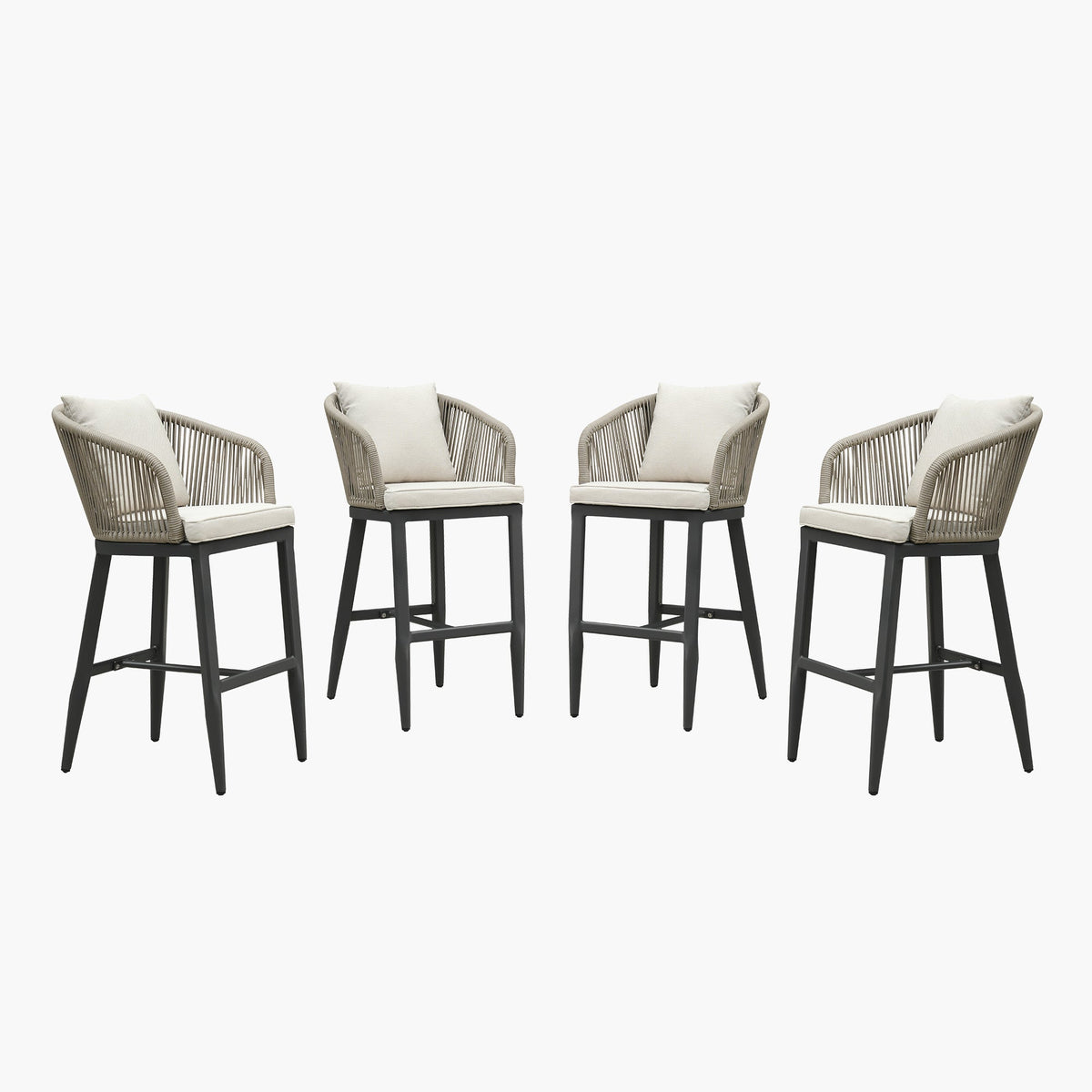 PURPLE LEAF – Tabourets de bar modernes extérieurs en aluminium et rotin avec dossier haut, accoudoirs, coussins et oreillers amovibles