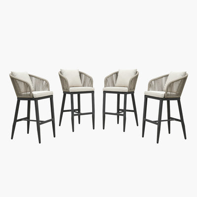 PURPLE LEAF – Tabourets de bar modernes extérieurs en aluminium et rotin avec dossier haut, accoudoirs, coussins et oreillers amovibles