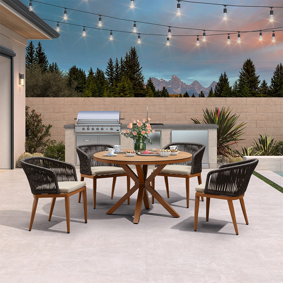 PURPLE LEAF – Ensemble repas rond de terrasse avec structure en aluminium, chaises en rotin tressé et coussins confortables
