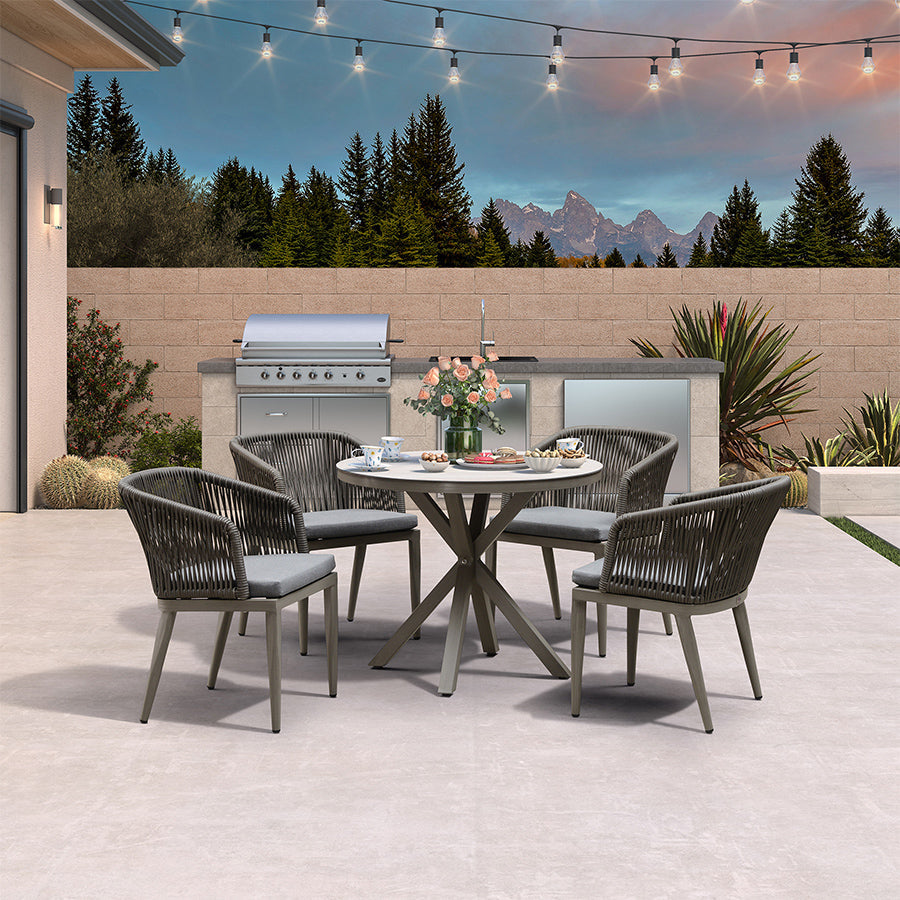 PURPLE LEAF – Ensemble repas rond de terrasse avec structure en aluminium, chaises en rotin tressé et coussins confortables