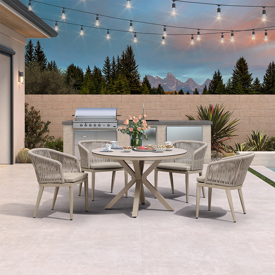 PURPLE LEAF – Ensemble repas rond de terrasse avec structure en aluminium, chaises en rotin tressé et coussins confortables