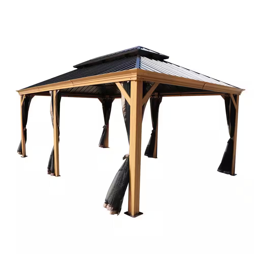 Pavillon à toit rigide 12 Ft. X 18 Ft., aluminium aspect bois, toit en acier galvanisé et moustiquaire