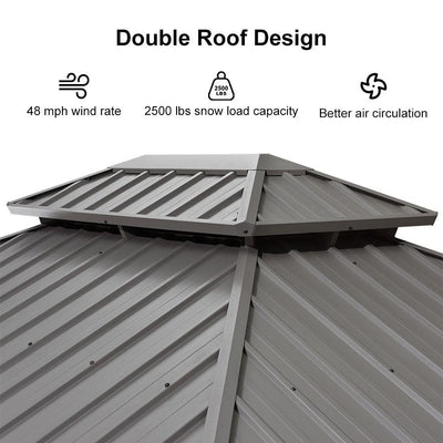 PURPLE LEAF – Pavillon de terrasse pour piscine, toit rigide gris clair en acier galvanisé avec rideaux améliorés
