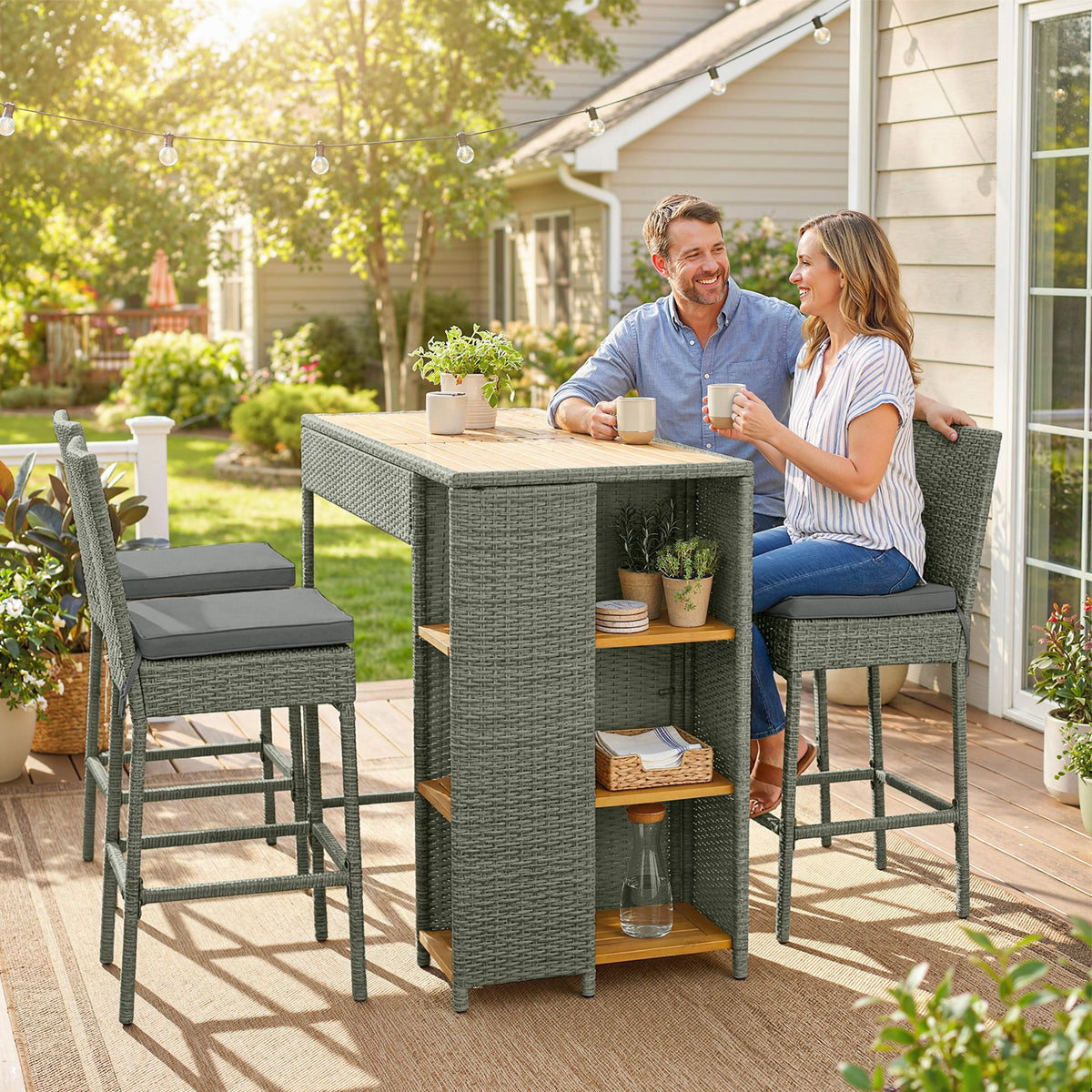 Ensemble bar extérieur 5 pièces avec table de rangement et coussins, gris