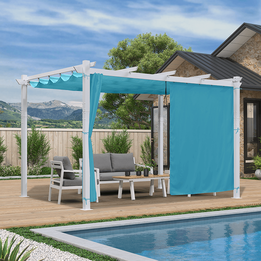 PURPLE LEAF – Pergola extérieure rétractable blanche en métal avec toile d’ombrage et rideaux pour terrasse et jardin