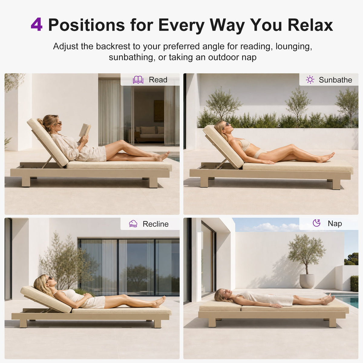 PURPLE LEAF – Lit de repos extérieur Standard avec coussin, tissu mélangé oléfine et structure en aluminium pour terrasse et piscine