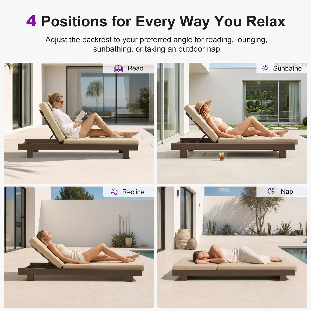 PURPLE LEAF – Lit de repos extérieur Standard avec coussin, tissu mélangé oléfine et structure en aluminium pour terrasse et piscine
