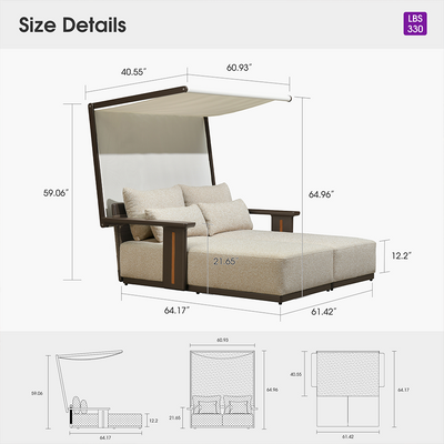 PURPLE LEAF – Double chaise longue extérieure haut de gamme en aluminium Premium avec accoudoirs finition teck, 4 oreillers et auvent en Textilene