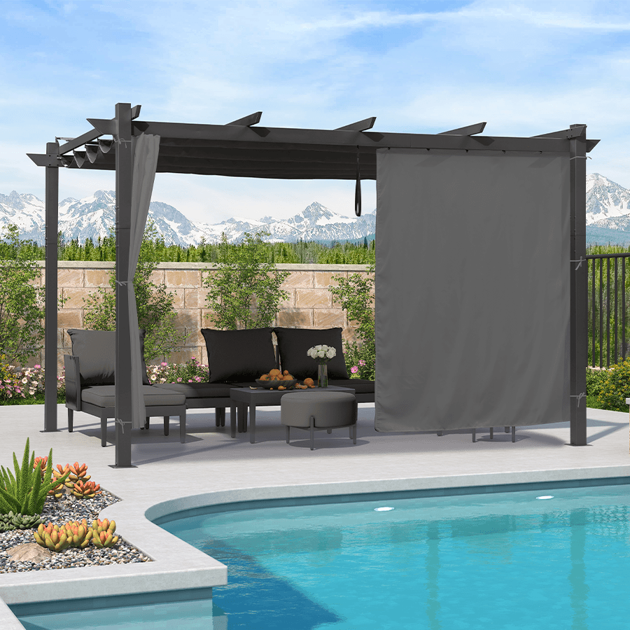 PURPLE LEAF – Pergola extérieure rétractable en aluminium avec toile d’ombrage et rideaux