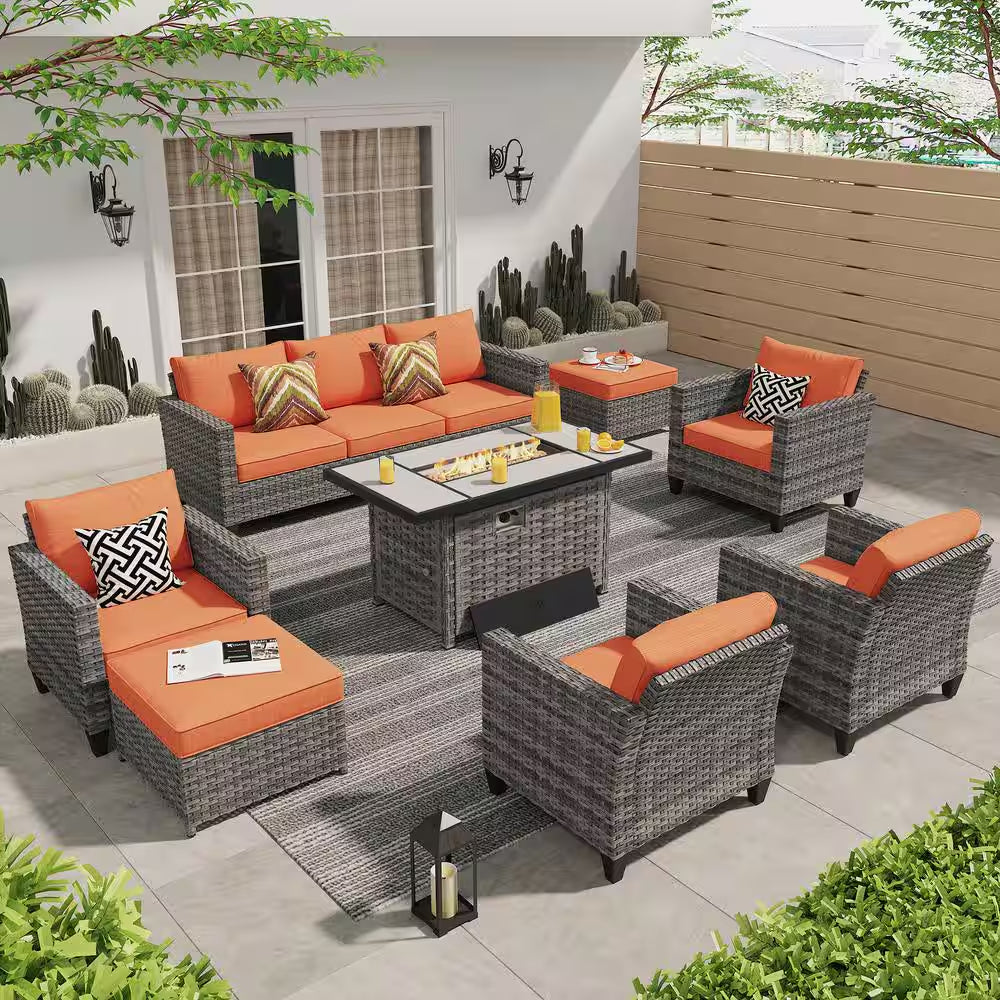 Milan Gray – Ensemble salon de terrasse extérieur en résine tressée 8 pièces avec brasero rectangulaire et coussins Orange Red