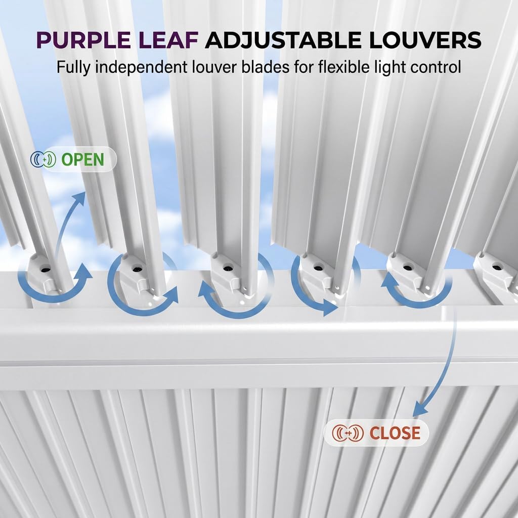 PURPLE LEAF Caesar LED – Pergola à lames orientables en aluminium avec rubans solaires intégrés, lames réglables et résistance au vent, blanc