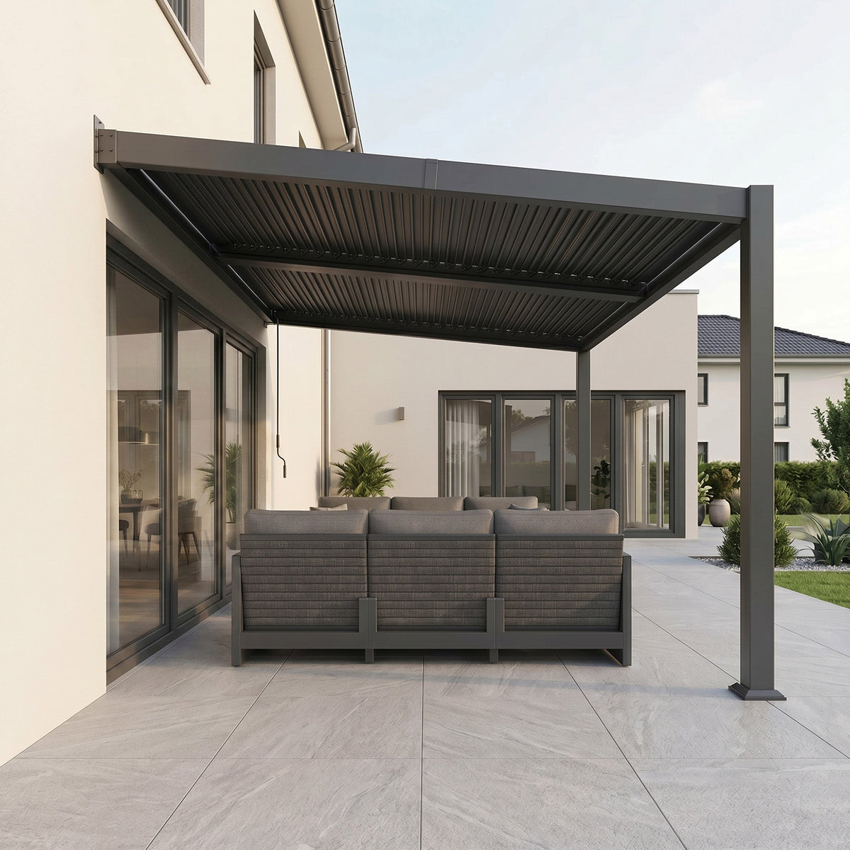 PURPLE LEAF Caesar – Pergola murale en aluminium à lames orientables avec guirlande LED, toit réglable, drainage par gouttière dissimulée, gris foncé