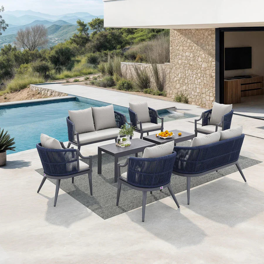 PURPLE LEAF Buler – Ensemble salon de terrasse moderne 4/8 pièces avec fauteuils en rotin, canapé et table basse pour bord de piscine
