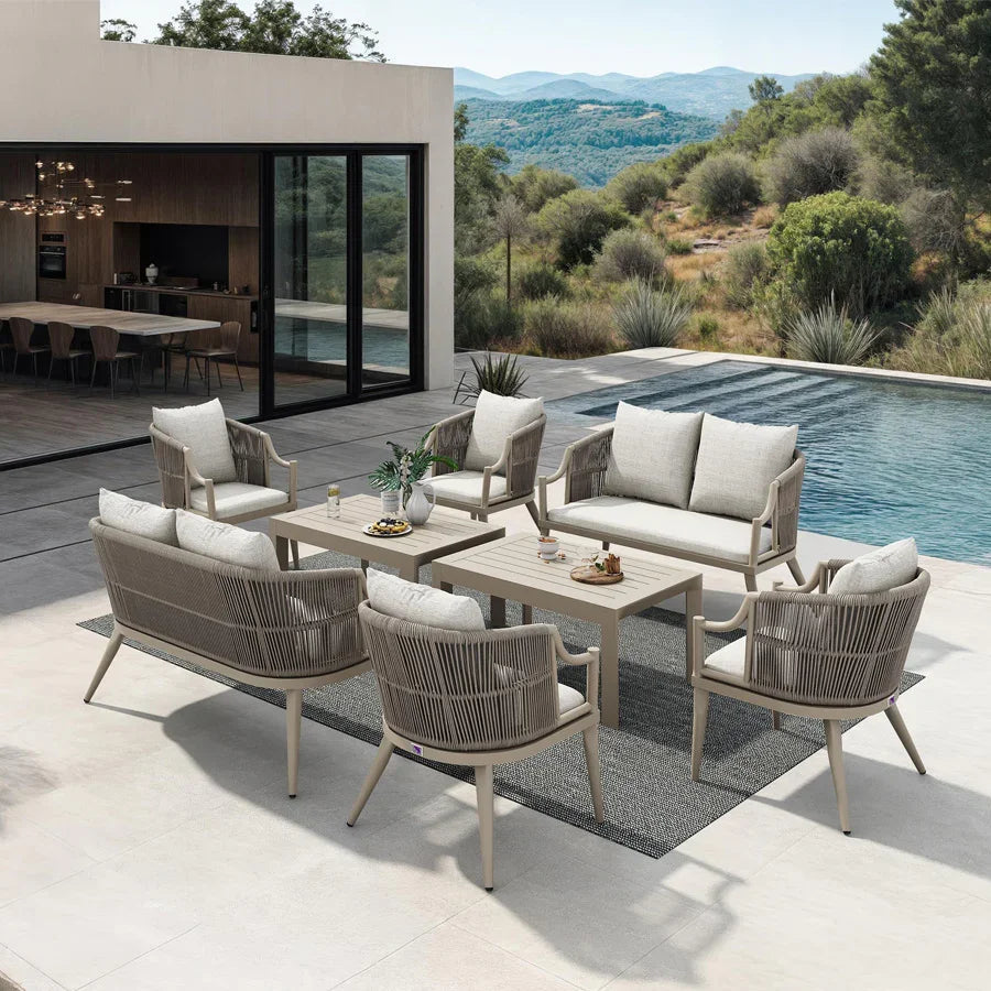 PURPLE LEAF Buler – Ensemble salon de terrasse moderne 4/8 pièces avec fauteuils en rotin, canapé et table basse pour bord de piscine