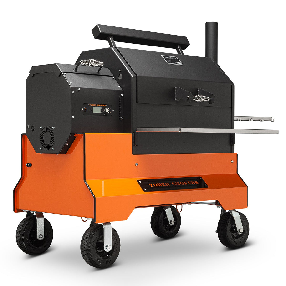 Yoder Smokers YS640s – Barbecue à granulés sur Competition Cart Orange avec kit de porte T-Stat et tablettes latérales inox