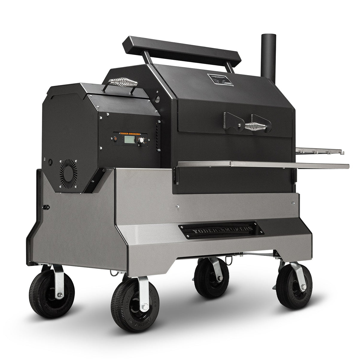 Yoder Smokers YS640s – Barbecue à granulés sur Competition Cart Silver avec kit de porte T-Stat et tablettes latérales inox