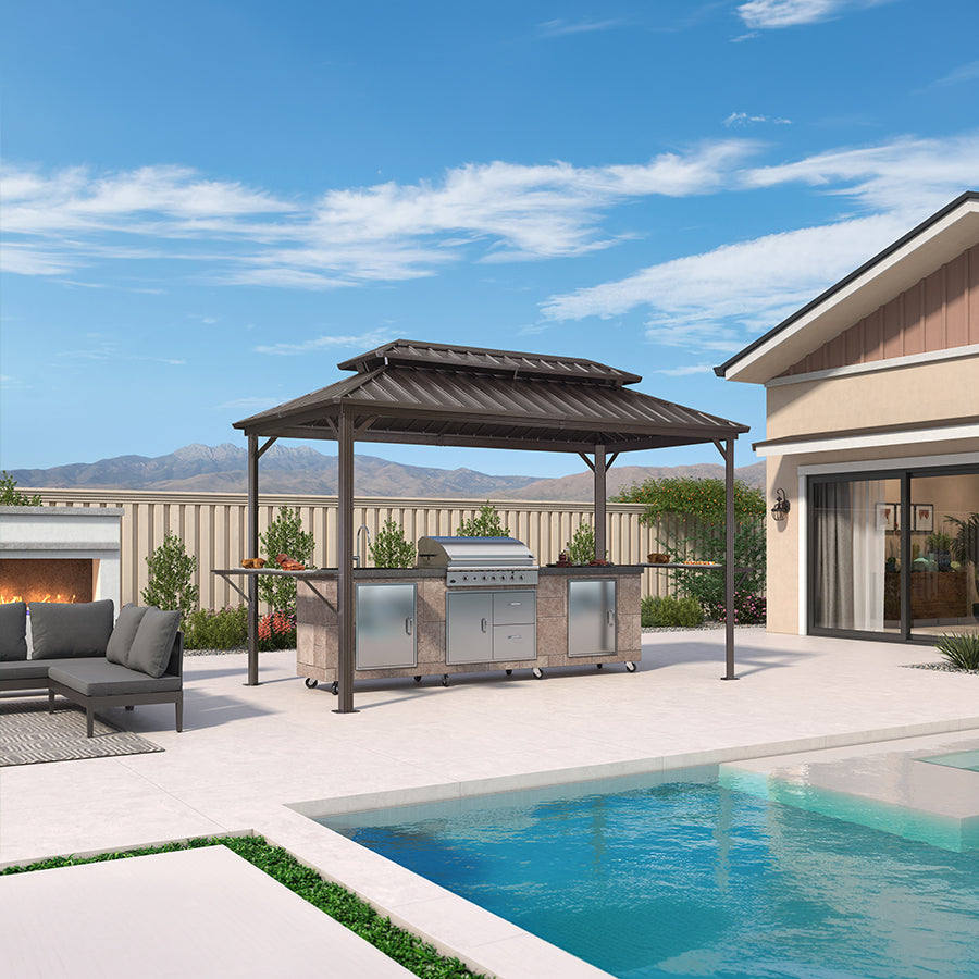 PURPLE LEAF – Pavillon à toit rigide pour barbecue, toit métallique permanent bronze et auvent d’ombrage extérieur