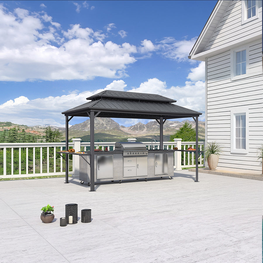 PURPLE LEAF – Pavillon à toit rigide pour barbecue, toit métallique permanent gris et auvent d’ombrage extérieur