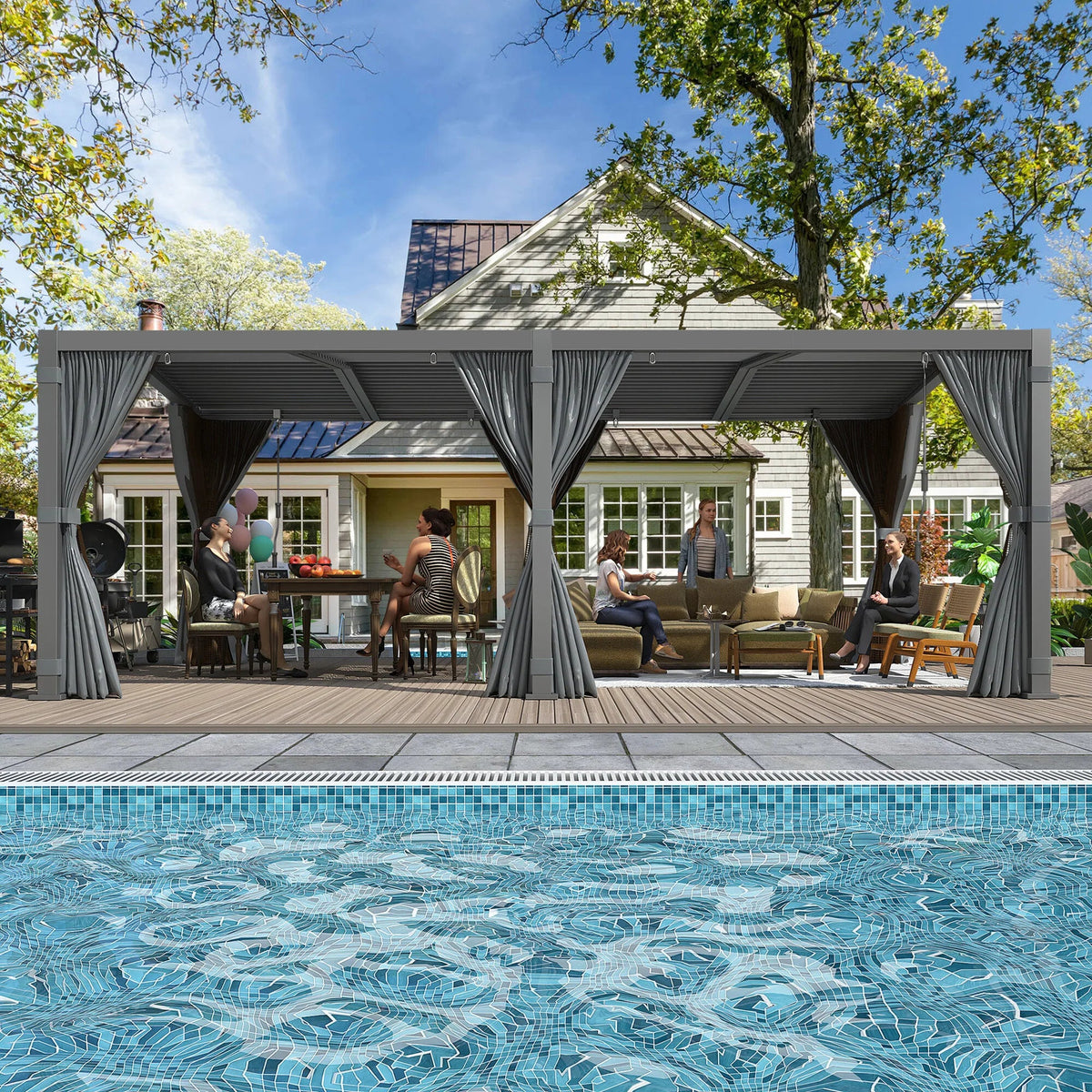 Pergola à lames orientables 12X20, structure en aluminium gris foncé avec toit réglable étanche à la pluie, rideaux imperméables et moustiquaires