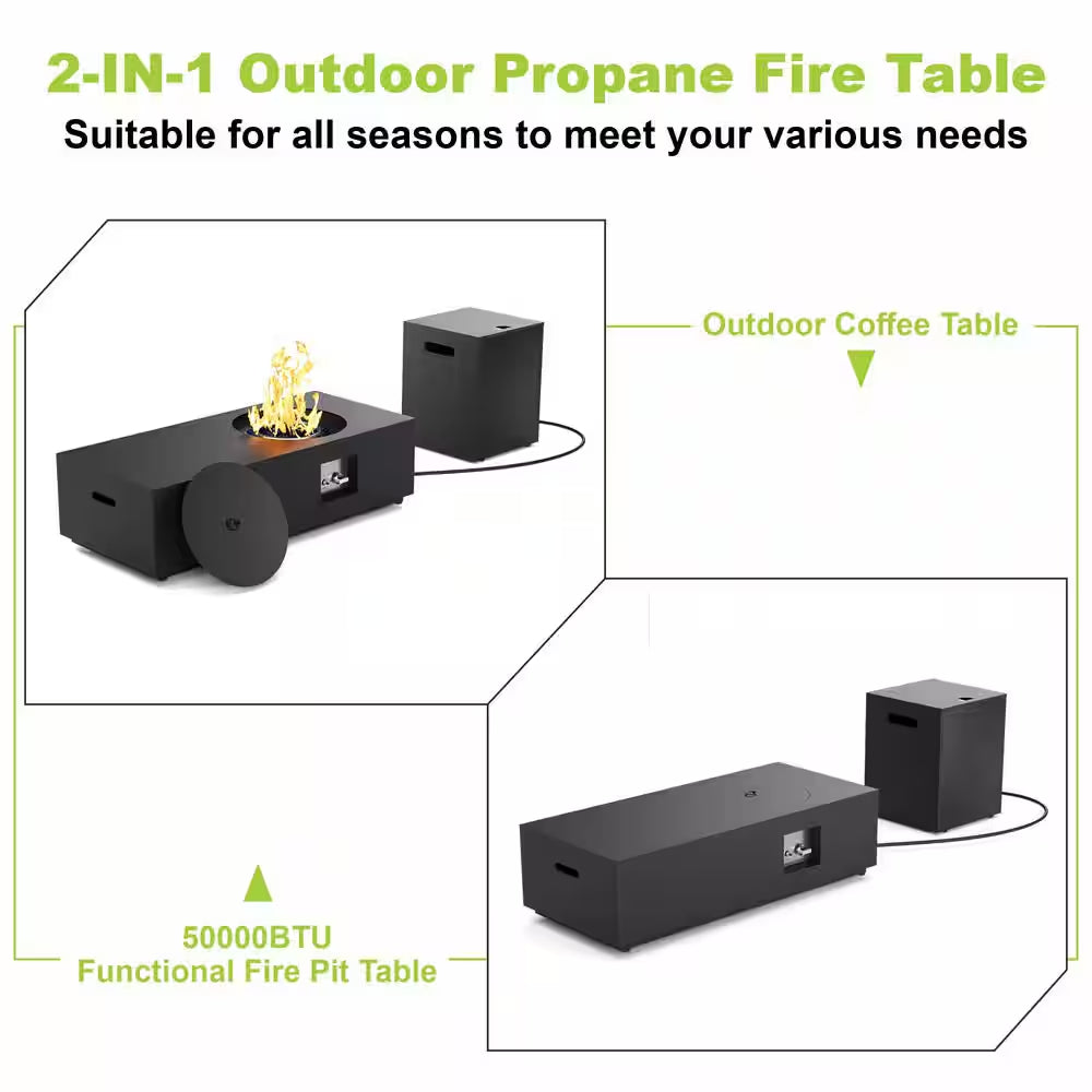 Table brasero extérieure au propane 48 In., 50,000 BTU, acier à revêtement noir