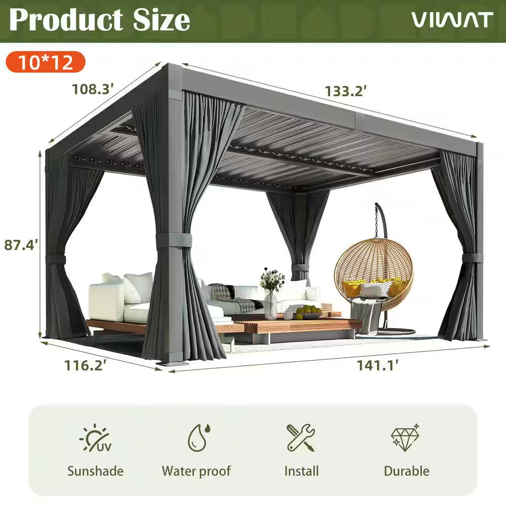 Pergola en aluminium 12 Ft. W X 10 Ft. D avec toit à lames orientables réglables, rideaux imperméables et moustiquaires