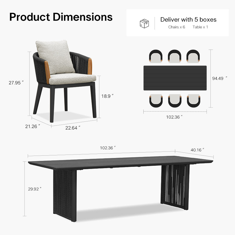 PURPLE LEAF Hailar – Ensemble repas extérieur familial avec table et chaises de terrasse en aluminium et coussins en oléfine