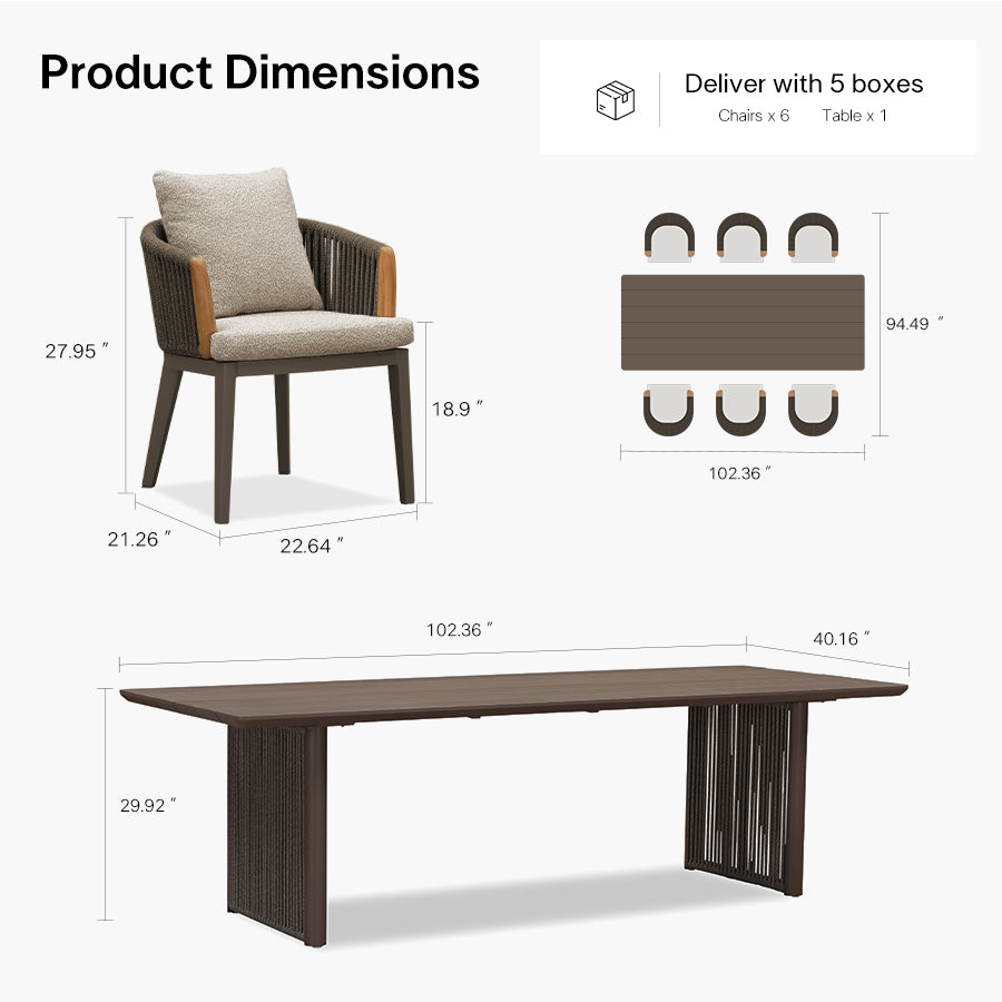 PURPLE LEAF Hailar – Ensemble repas extérieur familial avec table et chaises de terrasse en aluminium et coussins en oléfine
