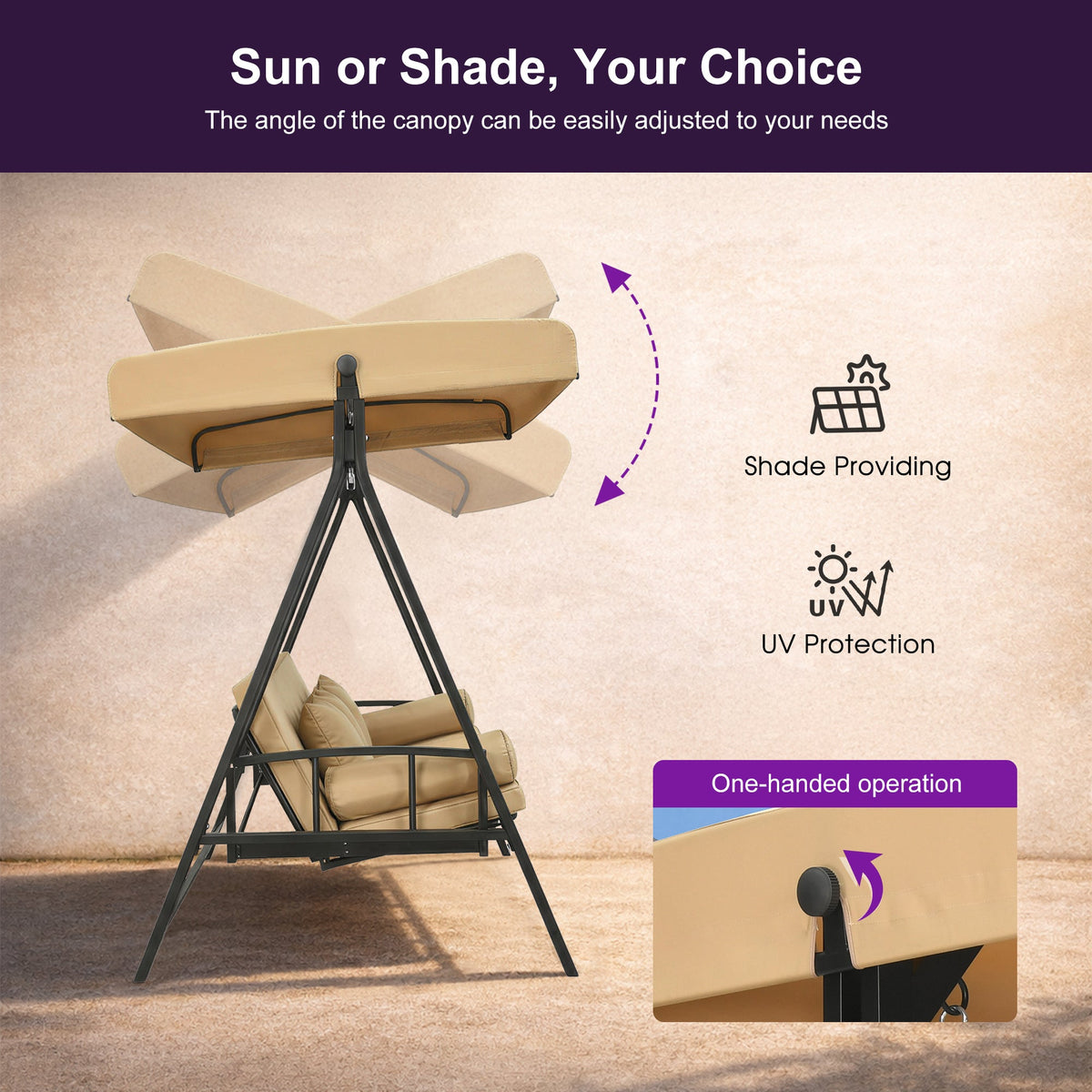 PURPLE LEAF – Balancelle de porche avec auvent inclinable réglable, support et structure en acier, toutes saisons et compacte