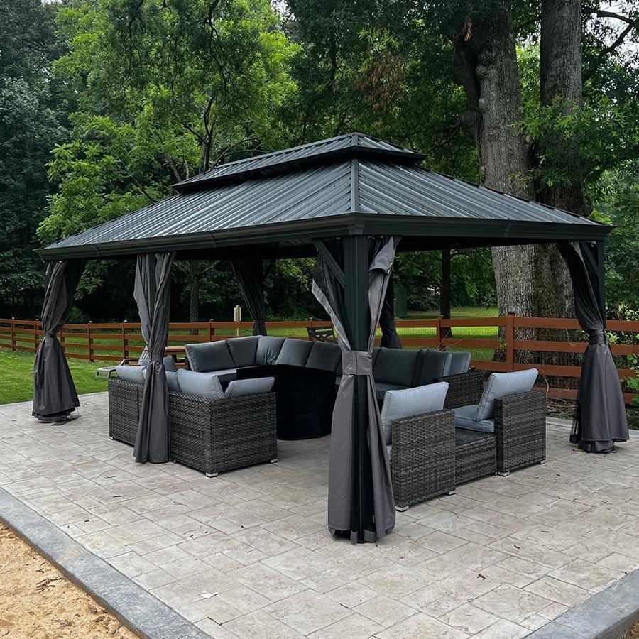 PURPLE LEAF – Pavillon de terrasse pour jardin, toit rigide gris en acier galvanisé avec rideau amélioré