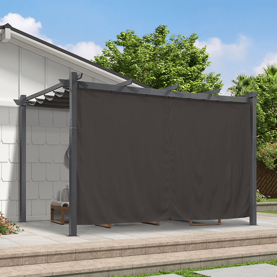 PURPLE LEAF – Pergola extérieure en aluminium avec auvent rétractable et rideaux pour plage, porche et jardin