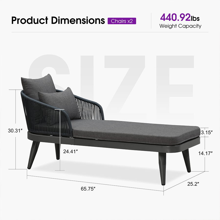 PURPLE LEAF – Chaise longue extérieure avec coussin épais, structure en aluminium, oreiller, soutien lombaire et accoudoirs en résine tressée, toutes saisons