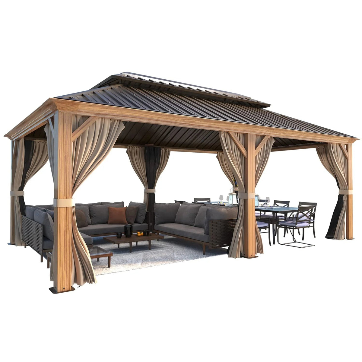 Erommy 12' X 20' – Pavillon à toit rigide avec structure en aluminium finition bois, double toit en acier galvanisé, rideaux et moustiquaires