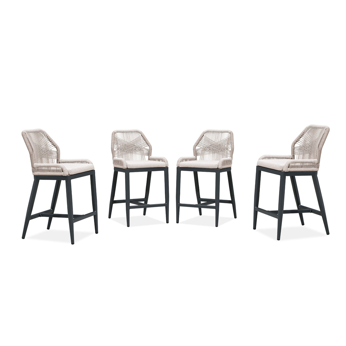 PURPLE LEAF – Lot de 4 tabourets de bar extérieurs en aluminium avec dossier, rotin tressé moderne style bohème pour jardin et piscine