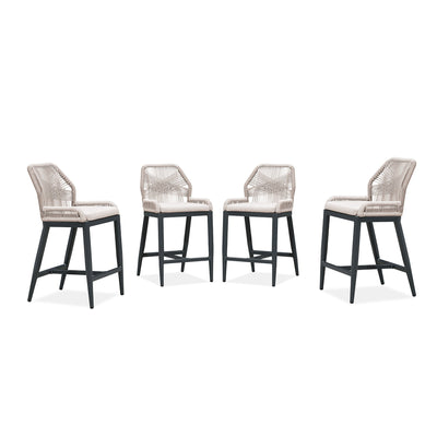 PURPLE LEAF – Lot de 4 tabourets de bar extérieurs en aluminium avec dossier, rotin tressé moderne style bohème pour jardin et piscine