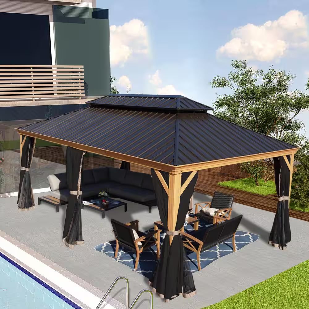 Apollo 12 Ft. X 20 Ft. W – Pavillon à toit rigide en aluminium aspect bois avec toit en acier galvanisé et moustiquaire