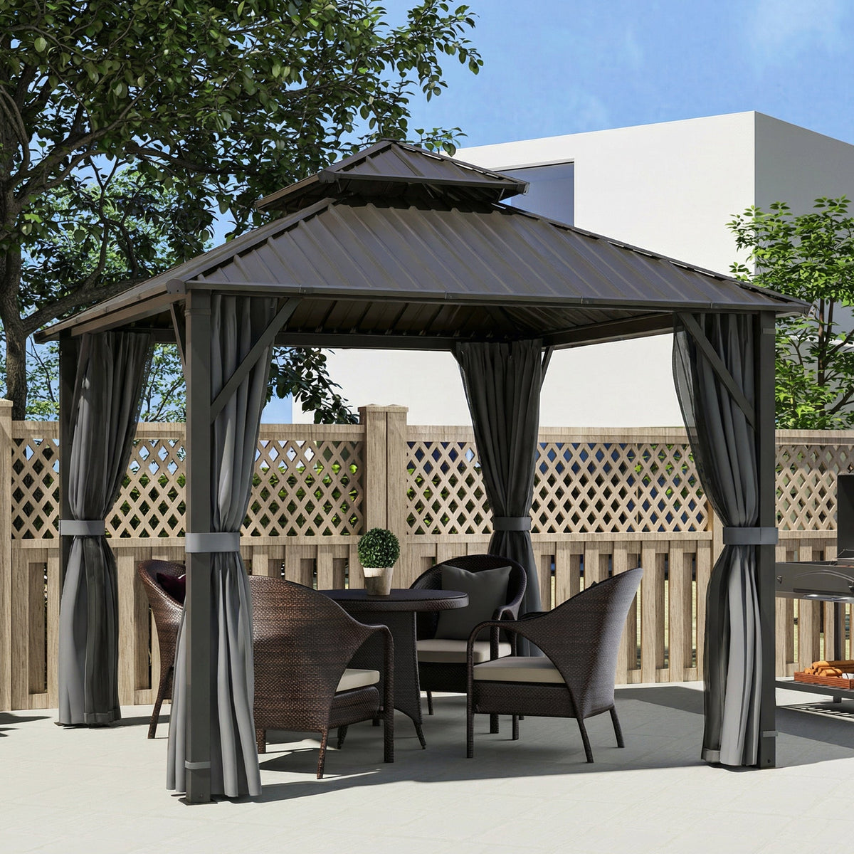 Pavillon à toit rigide 3 x 3 m avec double toit métallique, moustiquaires et rideaux, gris