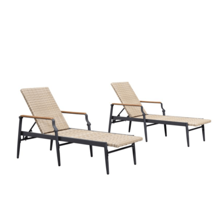 PURPLE LEAF – Lot de 2 chaises longues extérieures en aluminium avec accoudoirs en bois, inclinables pour terrasse et piscine, blanc